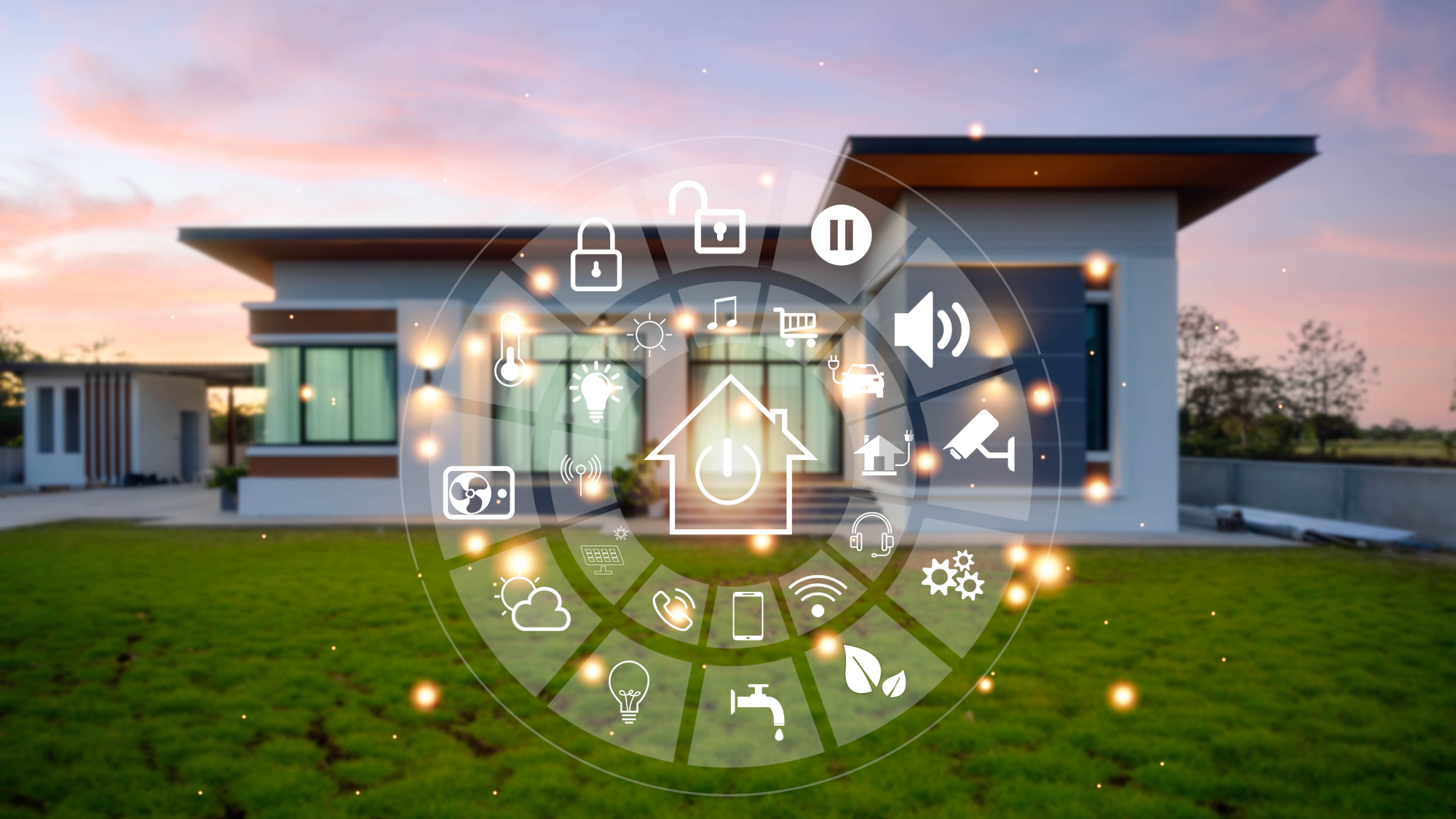 render of modern white contemporary home with flat roof and graphic in front showing symbols for smart tech such as solar panels, heat pump, home security and more