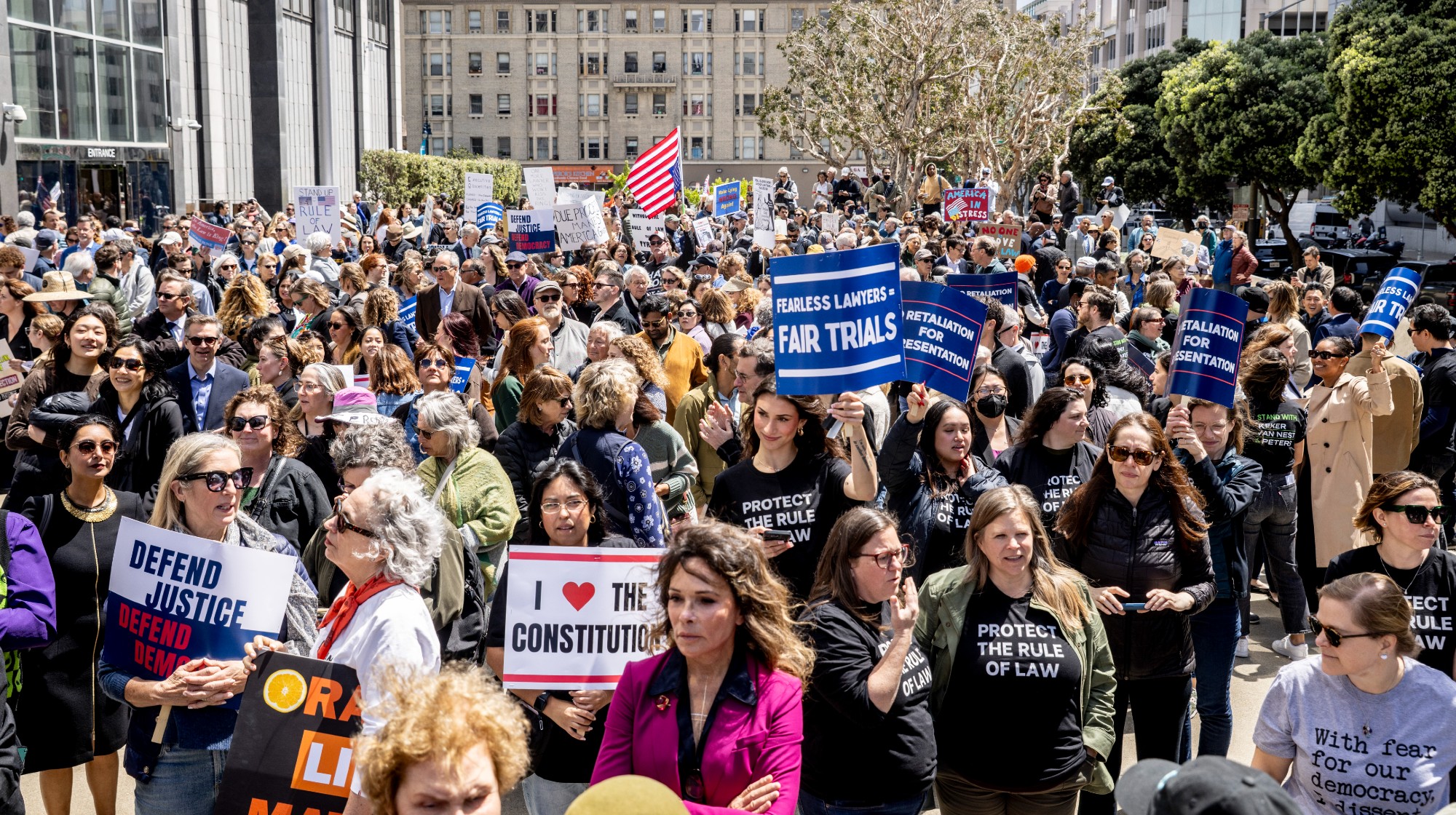 Attendees gather in a rally organized by the Bar Association of San Francisco in support of attorneys and law firms targeted by President Donald Trump outside the Phillip Burton Federal Building and United States Court House in San Francisco, Thursday, May 1, 2025. 