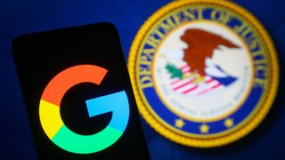 Google logo is seen on a smartphone and United States Department of Justice (DOJ) logo on a pc screen.