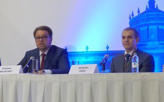 RSC Energia's Vladimir Solntsev (left) and S7 Group's Vladislav Filev discuss the Sea Launch deal during a Sept. 27 press conference at the IAC.