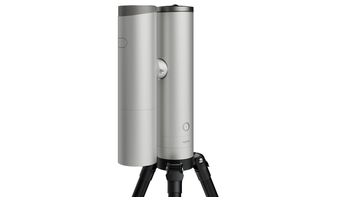 The Vaonis Atlas on a small black tripod, with a single Atlas 80 optical tube attached, against a white background.
