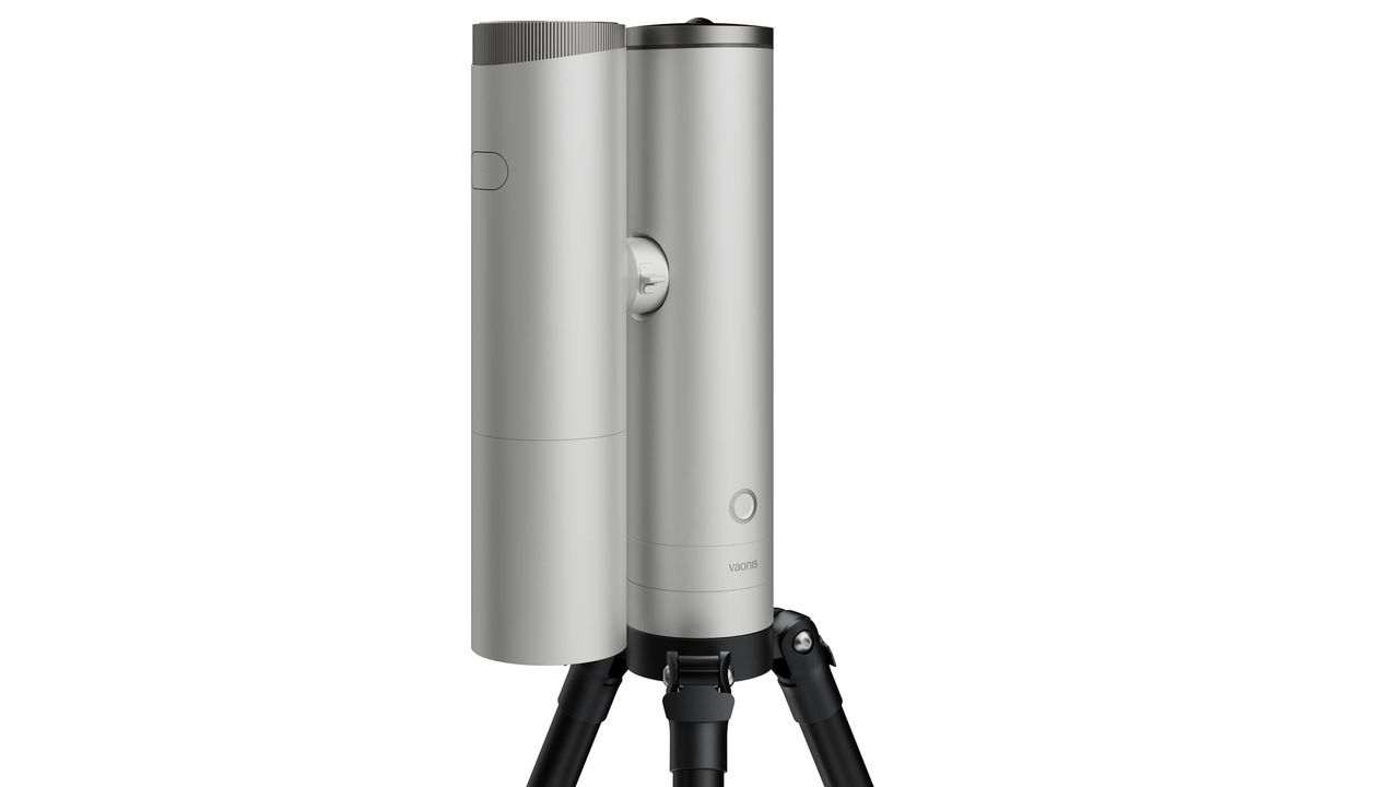 The Vaonis Atlas on a small black tripod, with a single Atlas 80 optical tube attached, against a white background.