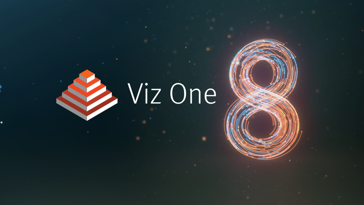 The Viz One 8 logo from Vizrt with a pyramid and bright, aglow 8. 