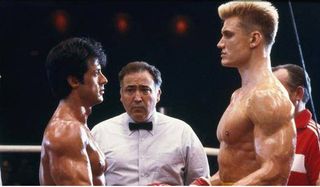 Sylevester Stallone as Rocky and Dolph Lundgren as Ivan Drago in Rocky IV