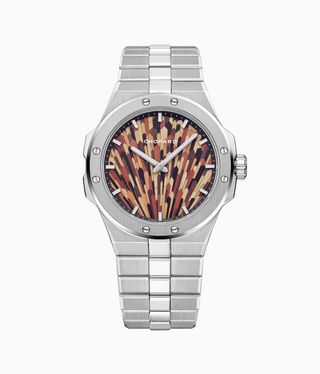 steel watch with straw marquetry dial