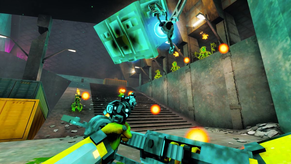 aiming at insects in front of large staircase while holding some manner of crate with a third arm
