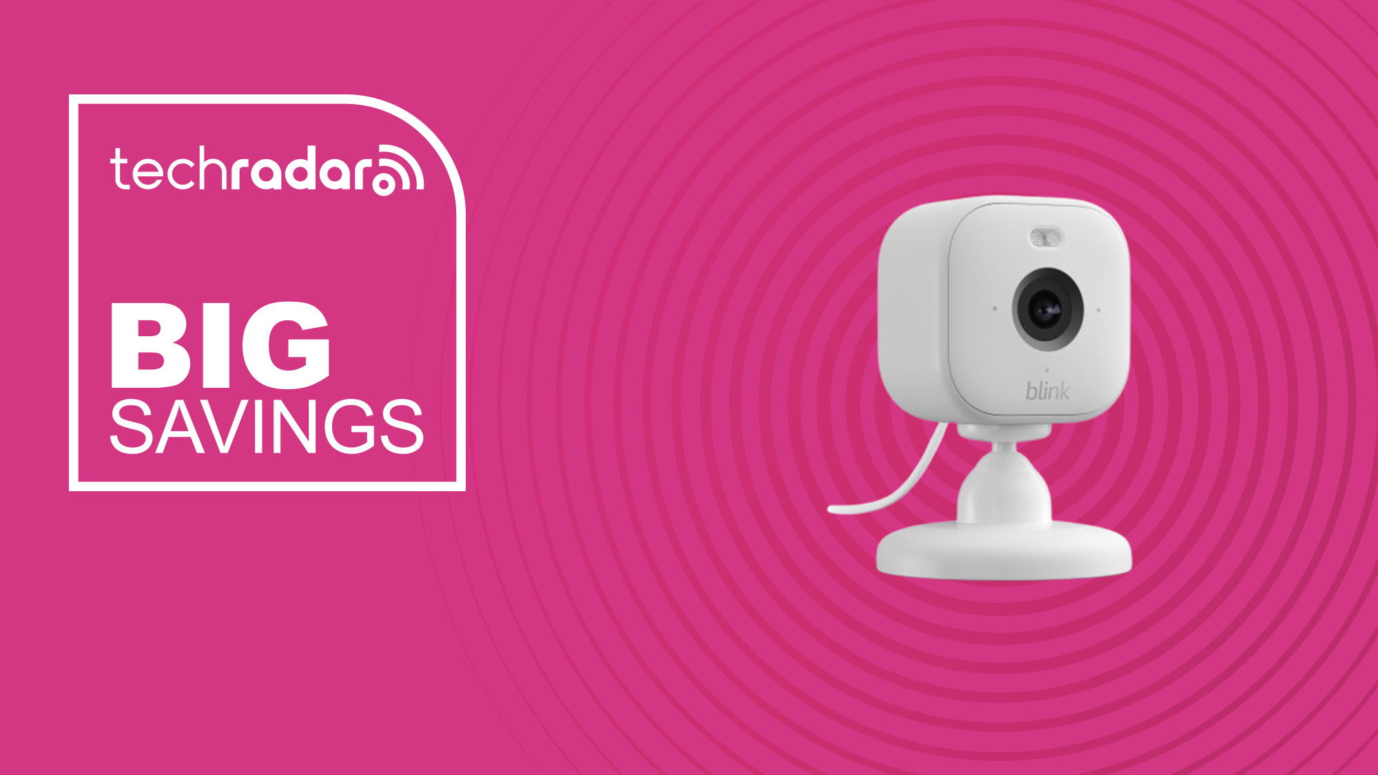 The Blink Mini 2 on a pink background with text saying Big Savings.