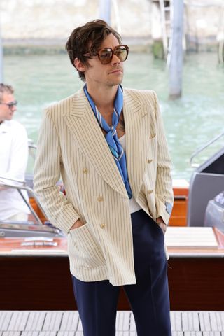 Harry Styles arrives for the photocall for "Don't Worry Darling" during the 79th Venice International Film Festival on September 05, 2022 in Venice, Italy