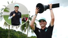 Joaquin Niemann holds the LIV Golf Singapore trophy and fist pumps his win