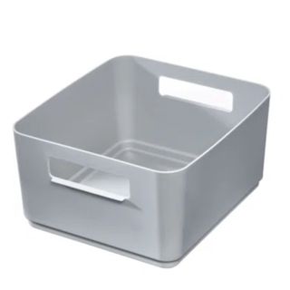 A recycled plastic storage bin in gray