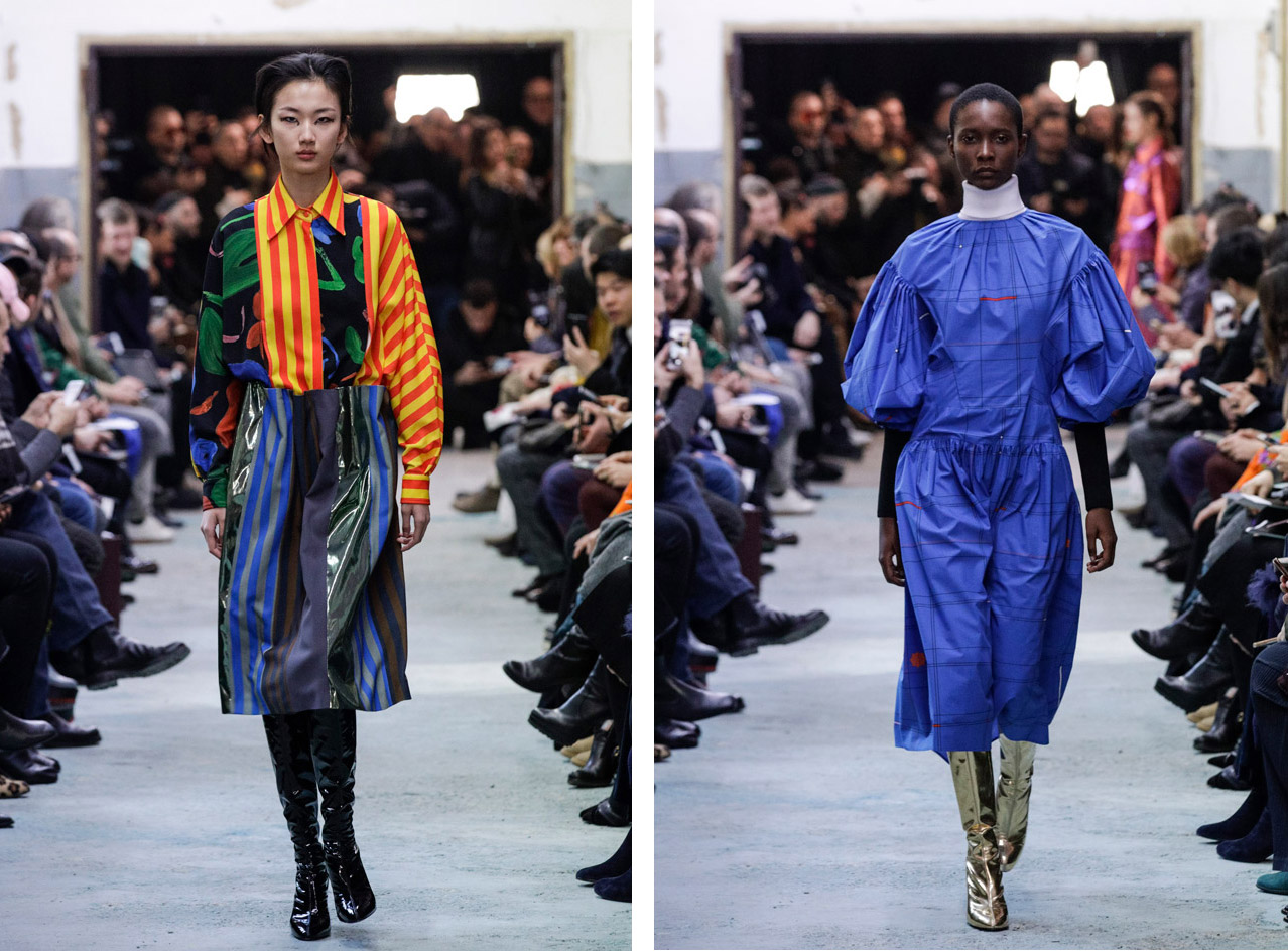 Models wear stipe and floral printed shirt and blouse, polished black and metallic leather boots, blue and balloon sleeves