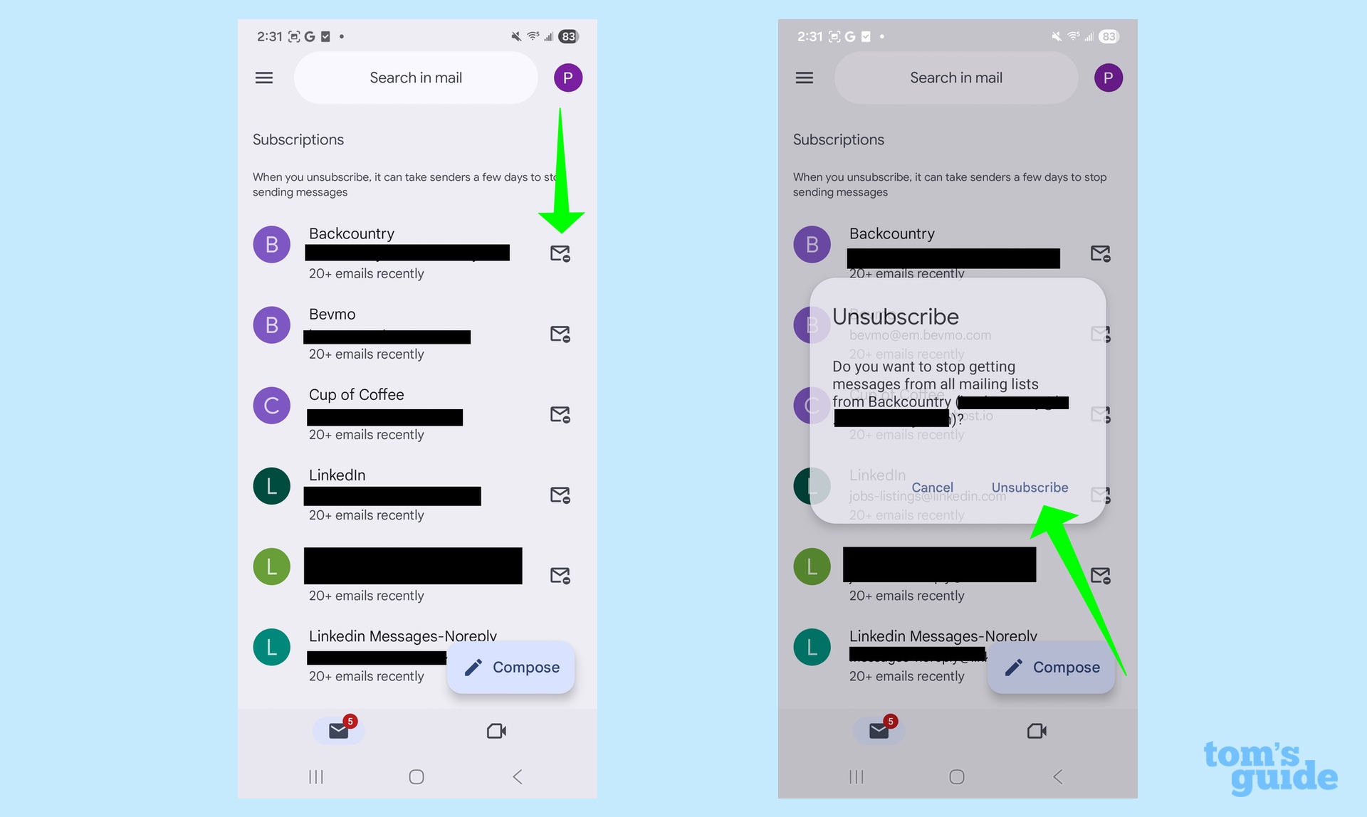 tap the envelope icon to unsubscribe from a mailing list in Gmail