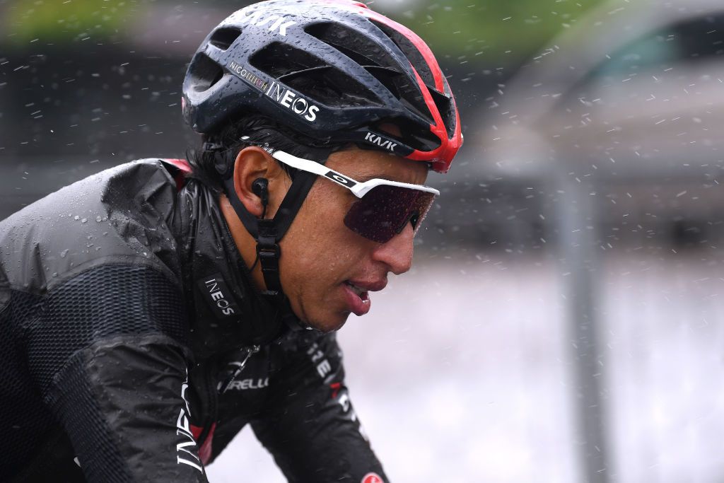 SESTOLA ITALY MAY 11 Egan Arley Bernal Gomez of Colombia and Team INEOS Grenadiers during the 104th Giro dItalia 2021 Stage 4 a 187km stage from Piacenza to Sestola 1020m Oakley Sunglasses Detail view Rain girodiitalia Giro UCIworldtour on May 11 2021 in Sestola Italy Photo by Tim de WaeleGetty Images