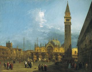 Canaletto, Piazza San Marco looking East towards the Basilica and the Campanile, c.1723-4, part of a set of six views of Venice. Royal Collection Trust/(c) Her Majesty Queen Elizabeth II 2017 For single use only in connection with the exhibition 'Canaletto & the Art of Venice' at The Queen's Gallery, Buckingham Palace, 19 May - 12 November 2017. Not to be archived or sold on.