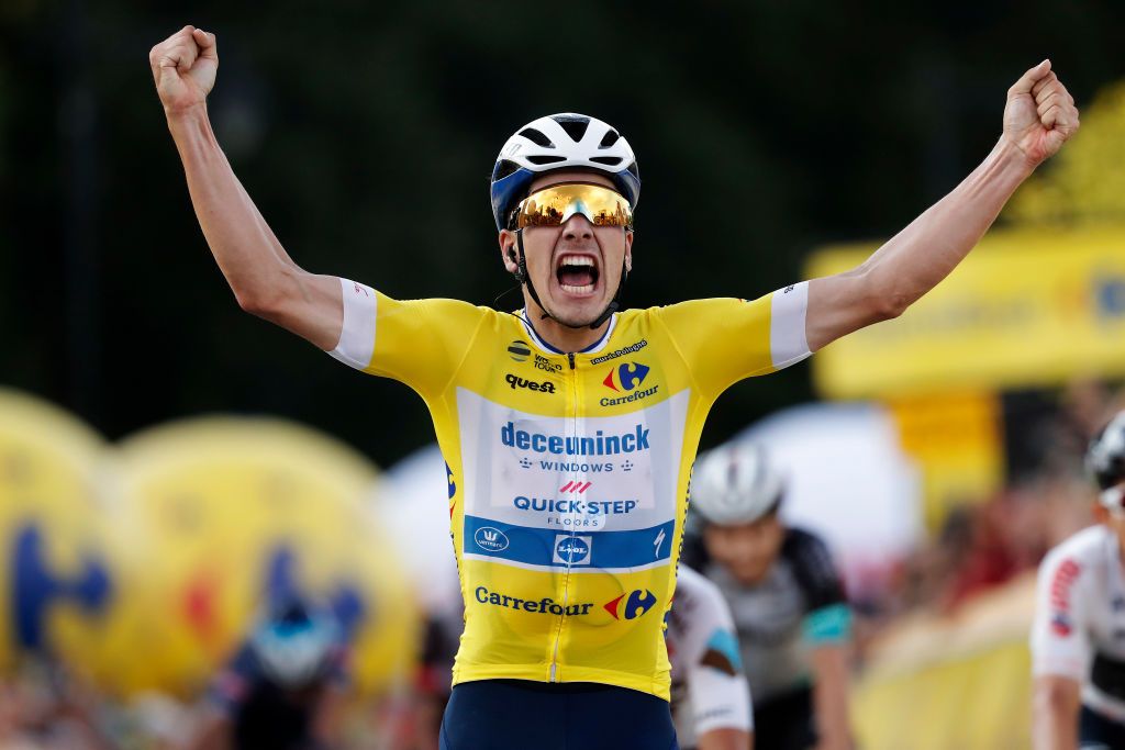 BUKOVINA RESORT POLAND AUGUST 12 Joo Pedro Gonalves Almeida of Portugal and Team Deceuninck QuickStep Yellow Leader Jersey celebrates at finish line as stage winner during the 78th Tour de Pologne 2021 Stage 4 a 160km stage from Azoty Group Tarnw to Bukovina Resort 924m TourdePologne TDP2021 UCIWT on August 12 2021 in Bukovina Resort Poland Photo by Bas CzerwinskiGetty Images