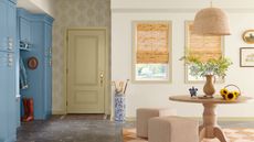 mudroom with warm white walls, cream front door, light blue built-in cupboards