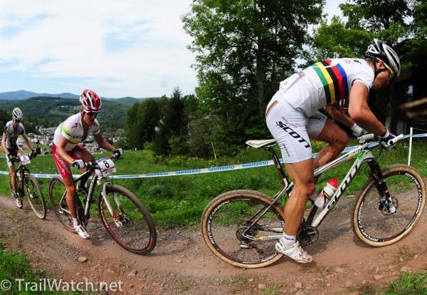 World Champion Nino Schurter leading Stander and Vogel up Alp d'Huez