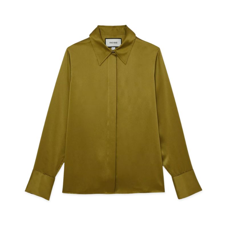 A cutout of a green silk shirt by Reiss