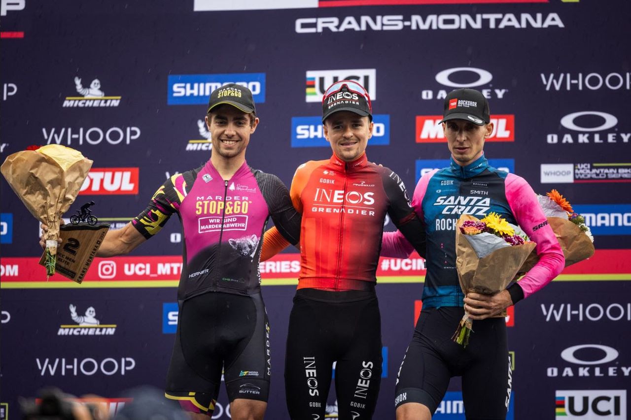 XCC podium at WHOOP UCI Mountain Bike World Cup in Crans Montana, Tom Pidcock (Ineos Grenadiers) the winner (centre)