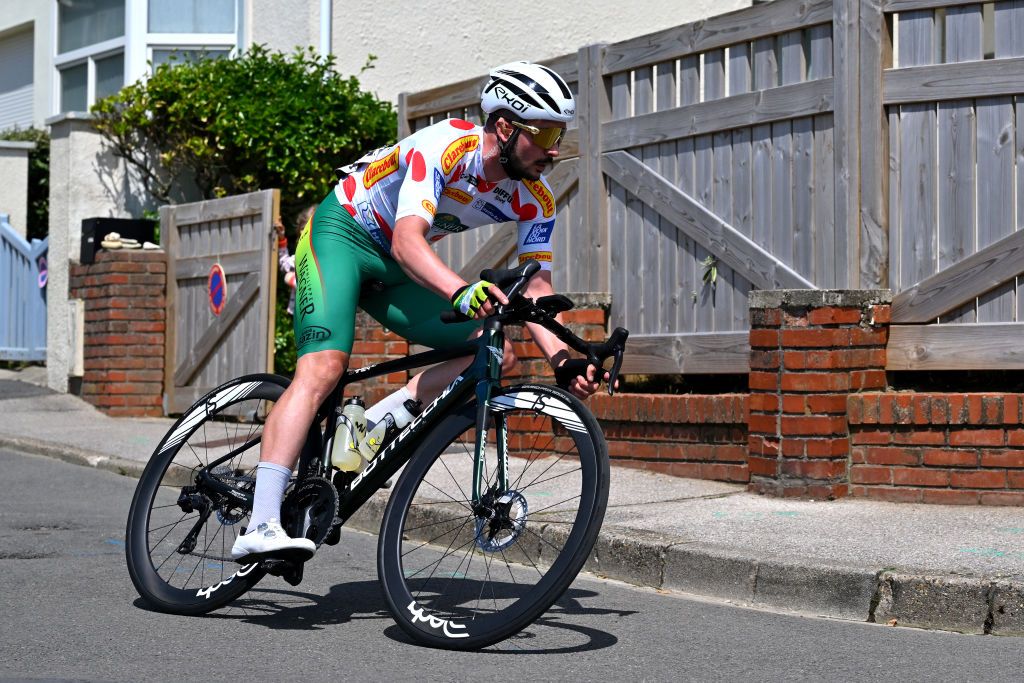 ABBEVILLE FRANCE MAY 15 Gwen Leclainche of France and Team Philippe WagnerBazin Polka Dot Mountain Jersey competes in the breakaway during the 68th 4 Jours de Dunkerque Grand Prix des Hauts de France 2024 Stage 2 a 1843km stage from Wimereux to Abbeville on May 15 2024 in Abbeville France Photo by Luc ClaessenGetty Images