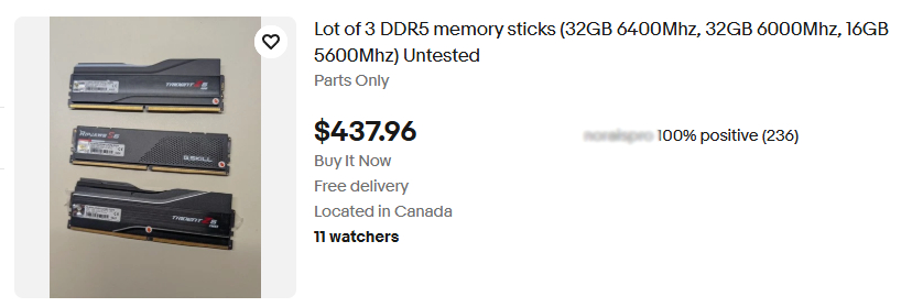 Three DDR5 memory sticks laid out on a surface, featuring various specifications. Listing shows price as $437.96 with free delivery, and located in Canada.