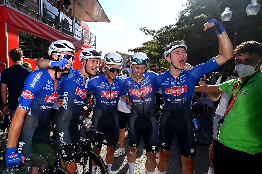 TARRAGONA SPAIN AUGUST 29 A general view of stage winner Kaden Groves of Australia Edward Planckaert of Belgium Samuel Gaze of New Zealand Tobias Bayer of Austria Maurice Ballerstedt of Germany Jason Osborne of Germany Robbe Ghys of Belgium and Team AlpecinDeceuninck celebrate the victory during the 78th Tour of Spain 2023 Stage 4 a 1846km stage from Andorra la Vella to Tarragona UCIWT on August 29 2023 in Tarragona Spain Photo by Tim de WaeleGetty Images