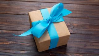 Gift box adorned with a blue bow on a dark wooden floor