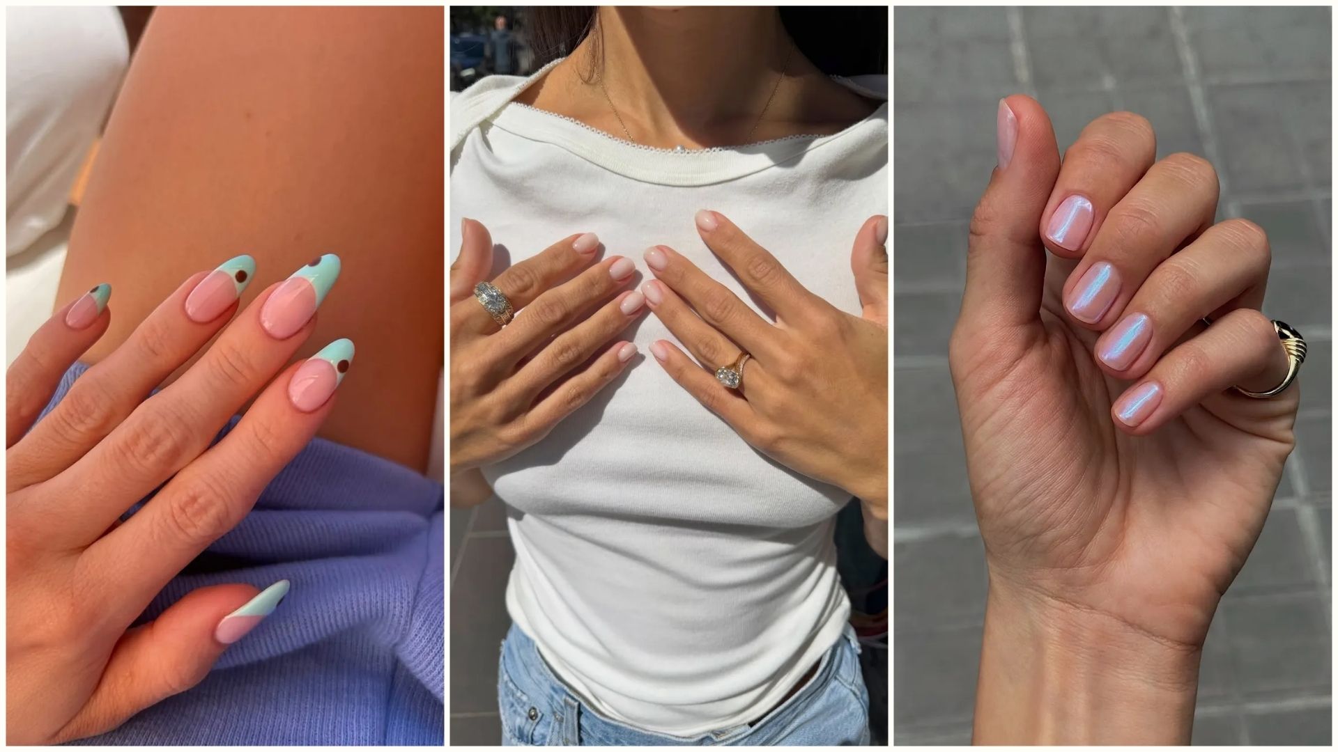 A collage of June nail ideas, including turquoise French tips, milky glass nails and blue chrome nails