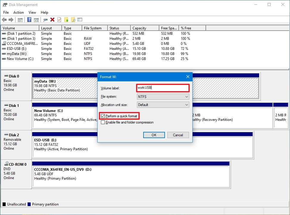 Format Settings Windows 10 Disk Management