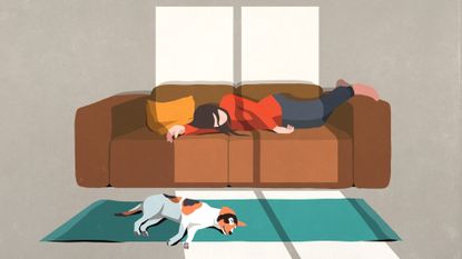 woman exhausted lying on sofa with sleeping dog