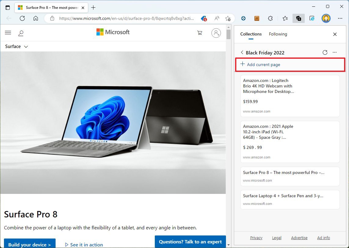 Microsoft Edge adicionar página à coleção