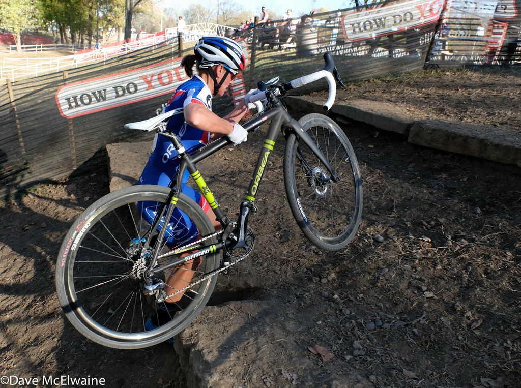 Katerina Nash (Cliff Bar Pro Team) with the race lead at the limestone stairs