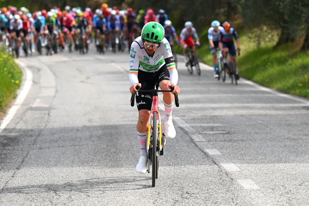 SAN BENEDETTO DEL TRONTO ITALY MARCH 10 Ben Healy of Ireland and Team EF EducationEasypost attacks during the 59th TirrenoAdriatico 2024 Stage 7 a 154km stage from San Benedetto del Tronto to San Benedetto del Tronto UCIWT on March 10 2024 in San Benedetto del Tronto Italy Photo by Tim de WaeleGetty Images