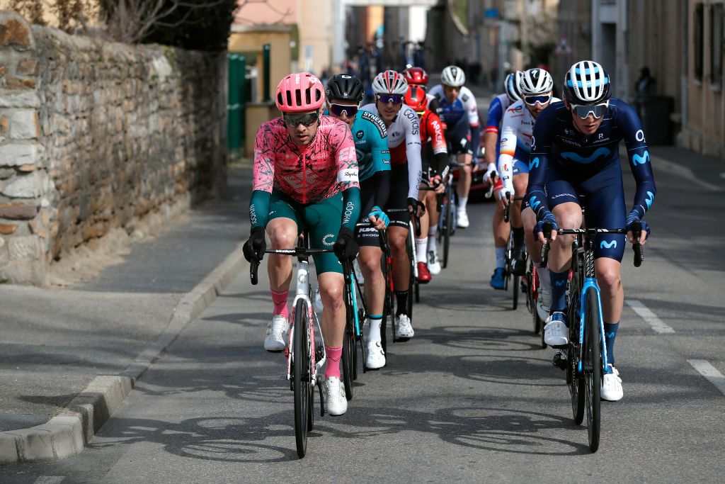 SAINTSAUVEURDEMONTAGUT FRANCE MARCH 10 LR Owain Doull of United Kingdom and Team EF Education Easypost and Matteo Jorgenson of United States and Movistar Team compete in the breakaway during the 80th Paris Nice 2022 Stage 5 a 189km stage from SaintJustSaintRambert to SaintSauveurdeMontagut on ParisNice WorldTour March 10 2022 in SaintSauveurdeMontagut France Photo by Bas CzerwinskiGetty Images