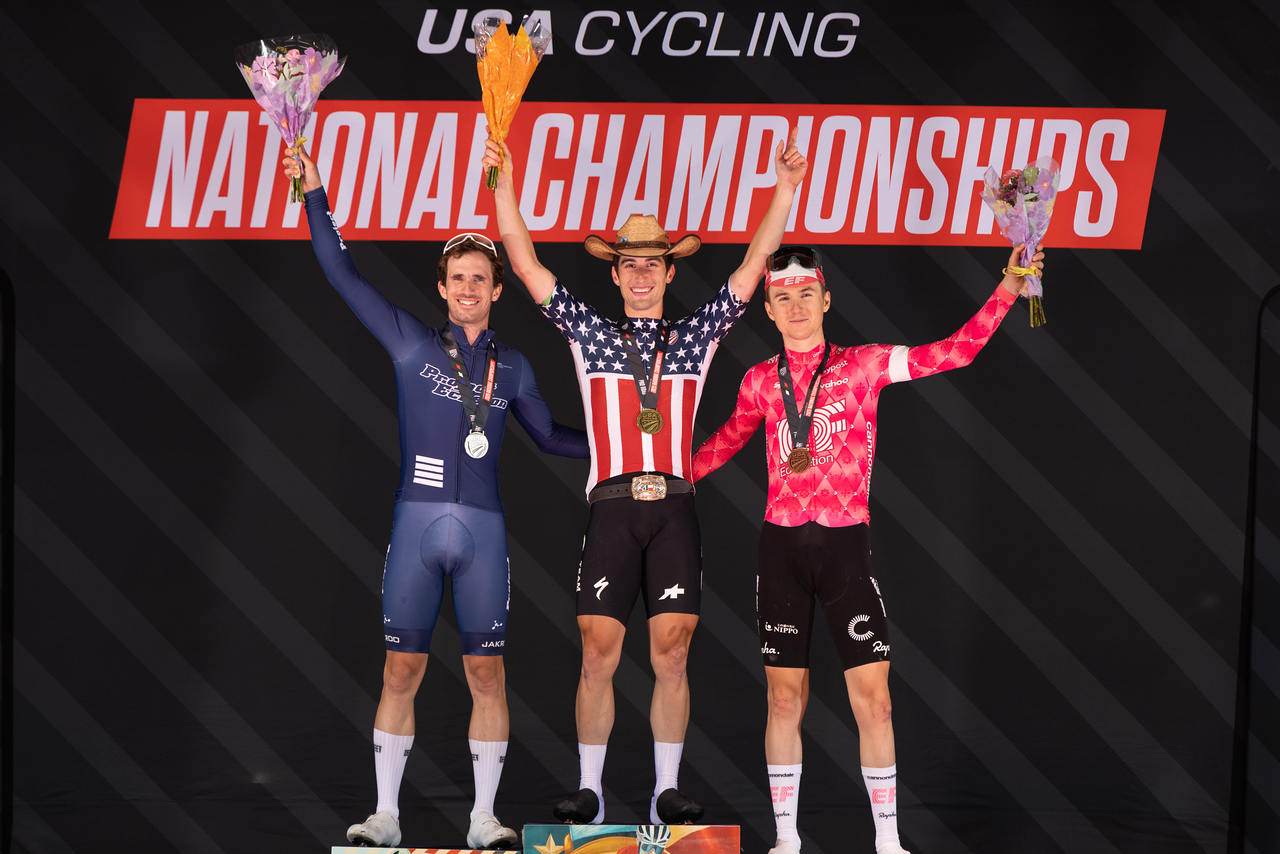 The final podium of the US Pro Road Championships 2025 Elite Men's Criterium
