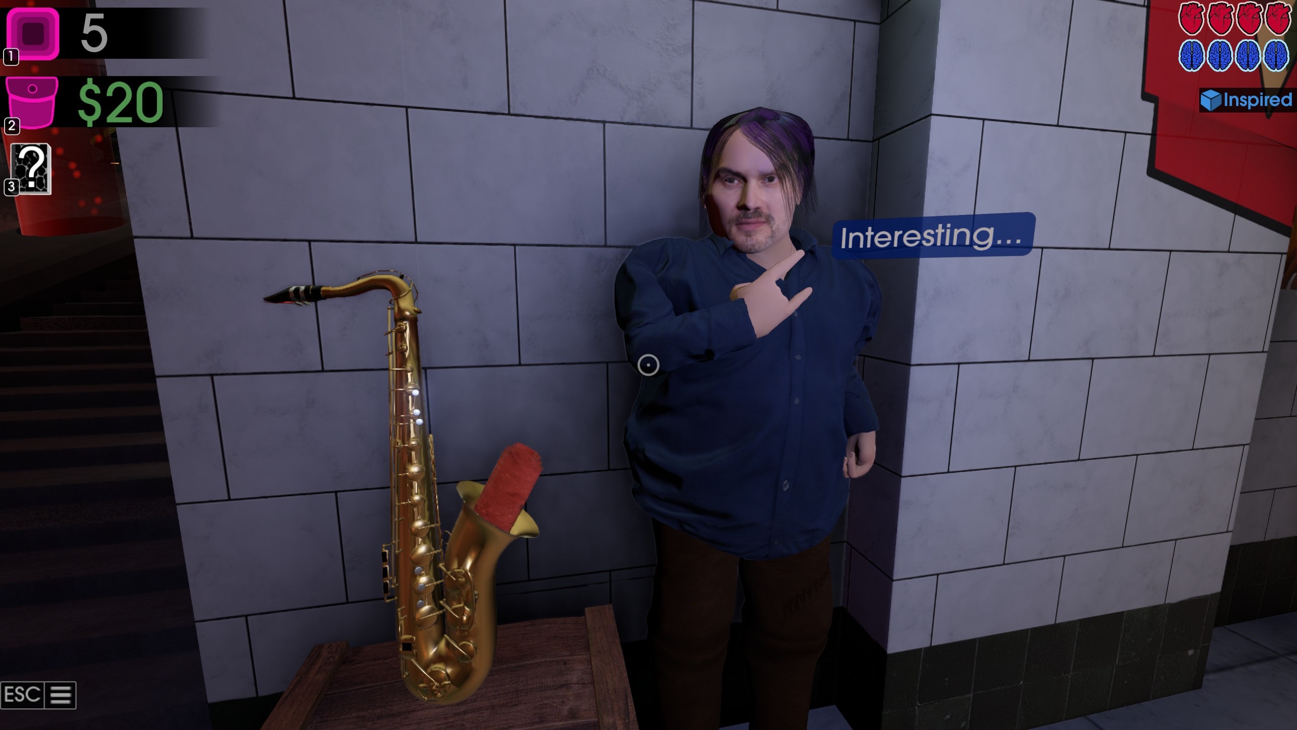 Man leaning against wall giving rock on hand gesture next to saxophone with something stuffed in the mouth