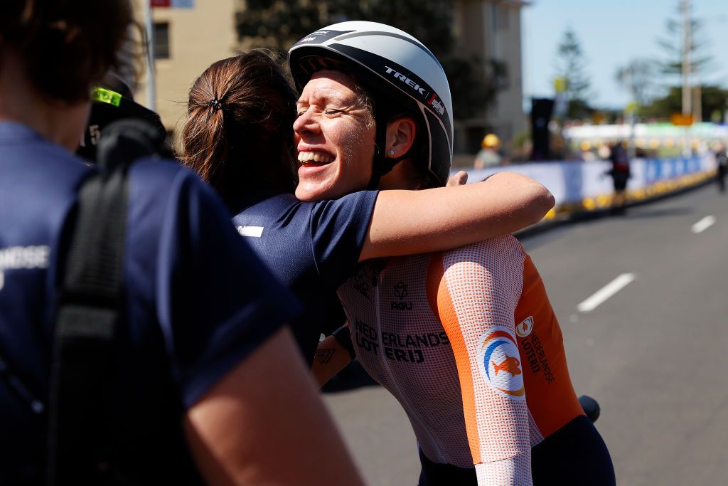 WOLLONGONG AUSTRALIA SEPTEMBER 18 Race winner Ellen Van Dijk of The Netherlands reacts after the 95th UCI Road World Championships 2022 Women Individual Time Trial a 342km individual time trial race from Wollongong to Wollongong Wollongong2022 on September 18 2022 in Wollongong Australia Photo by Con ChronisGetty Images