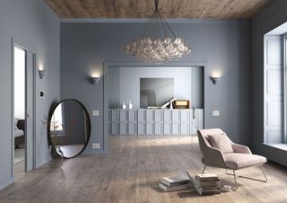 A living area with grey walls and ECLISSE pocket doors