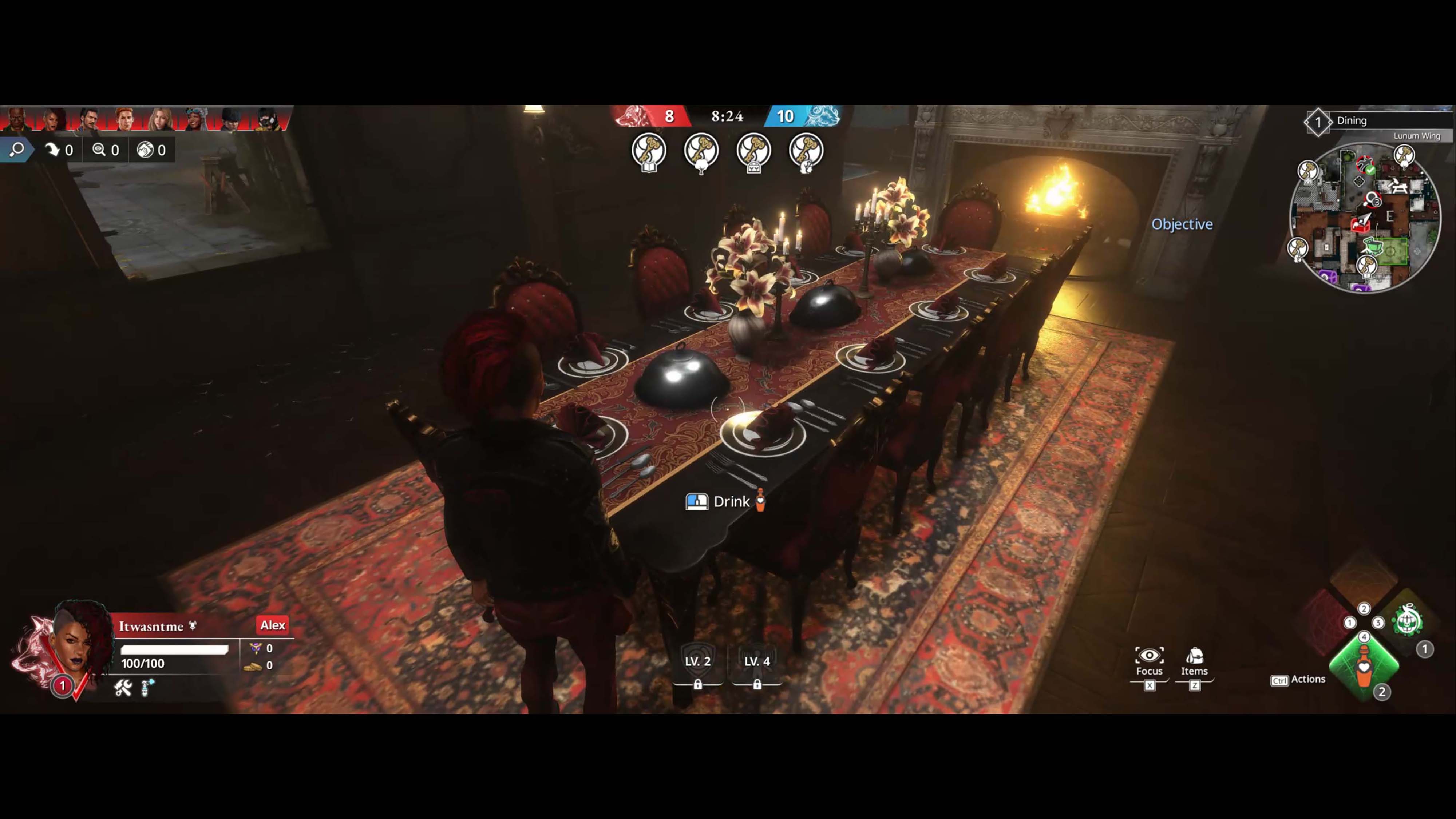 A screenshot from Killer Inn depicting the inn's long dining room table laden with food.
