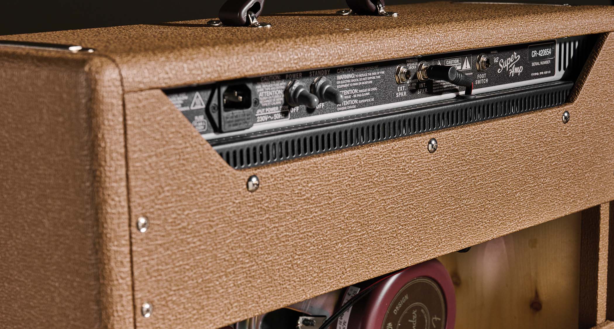 The rear control panel of the Fender '62 Super amp