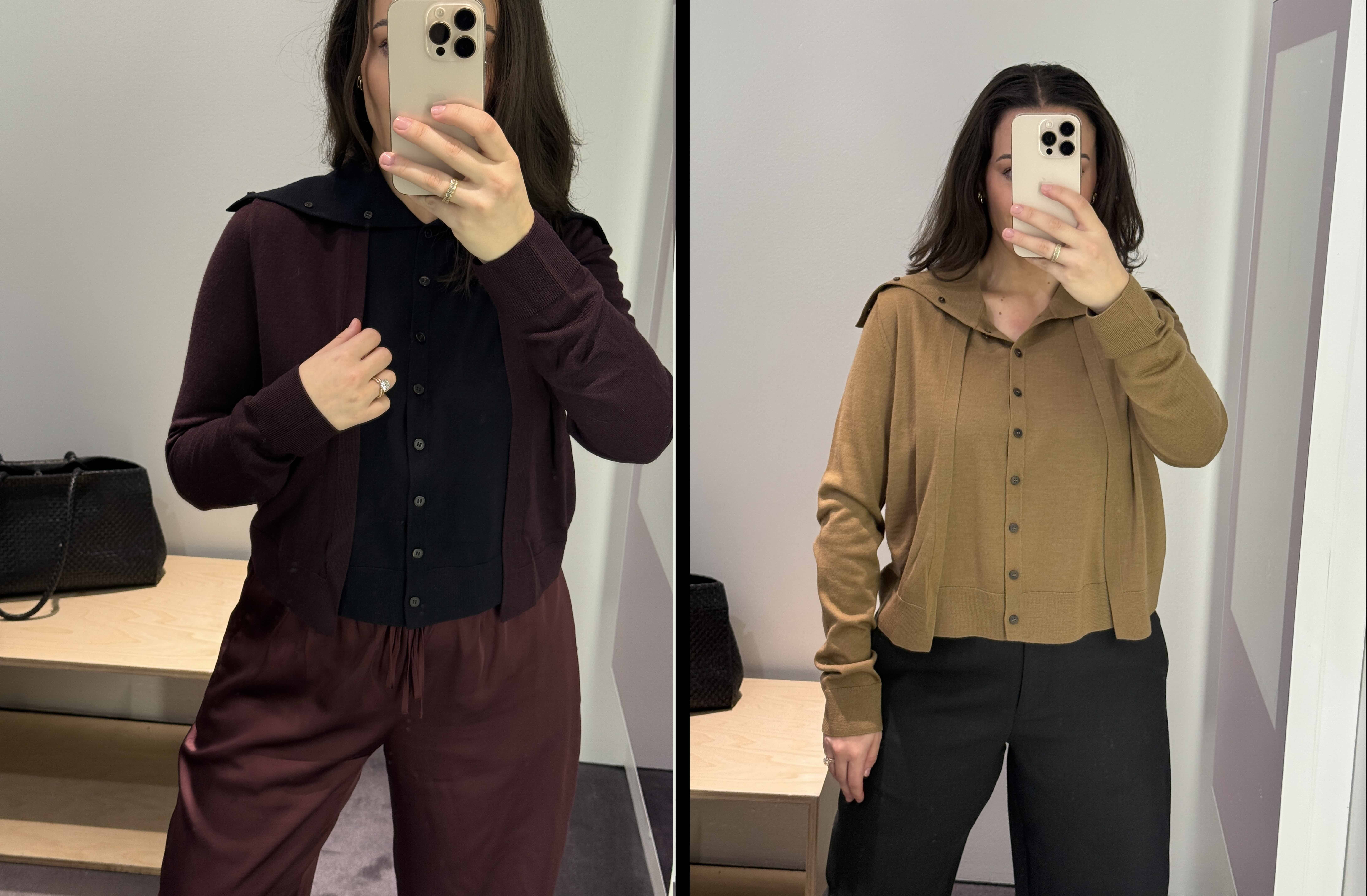 Bella Gerard trying on layered sweaters at Cos