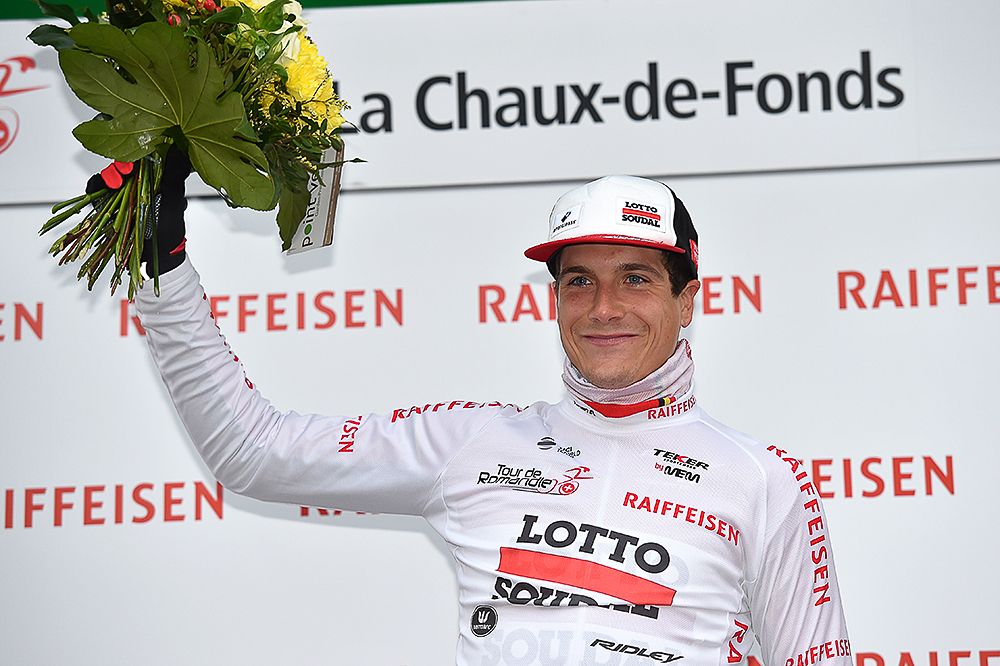 Louis Vervaeke in white following the prologue at the Tour de Romandie