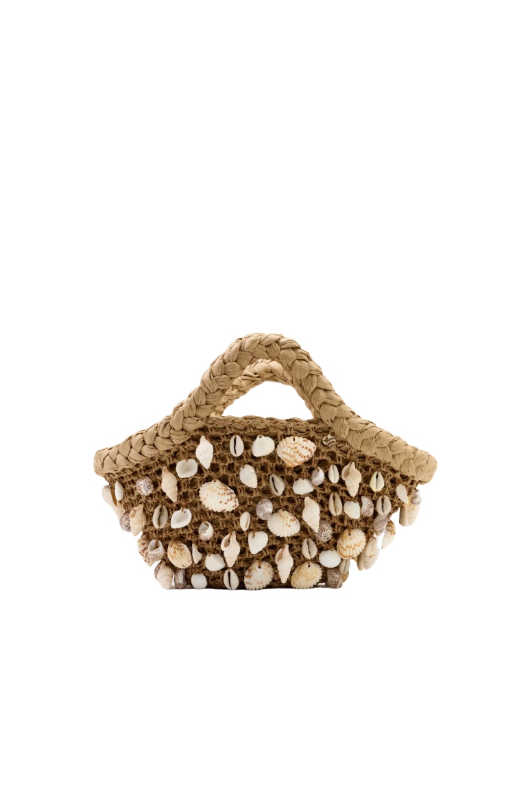 Woven tote bag with shell adornments.