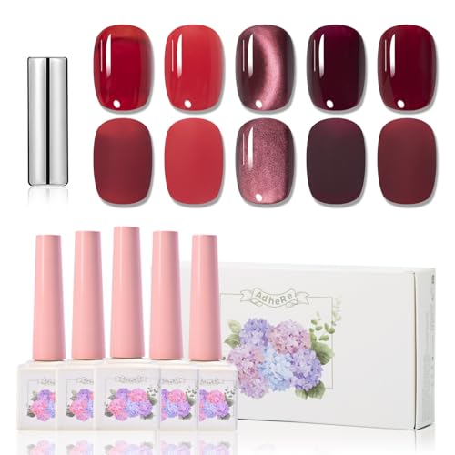 Adhere Red Gel Nail Polish Set 12ml- 5 Colors Popular Gel Polish Cat Eye Magnetic Gel Burgundy Red Christmas Nail Gel Polish Soak Off Led Kit Manicure Salon Diy Nails Gift for Women &amp;#65279;