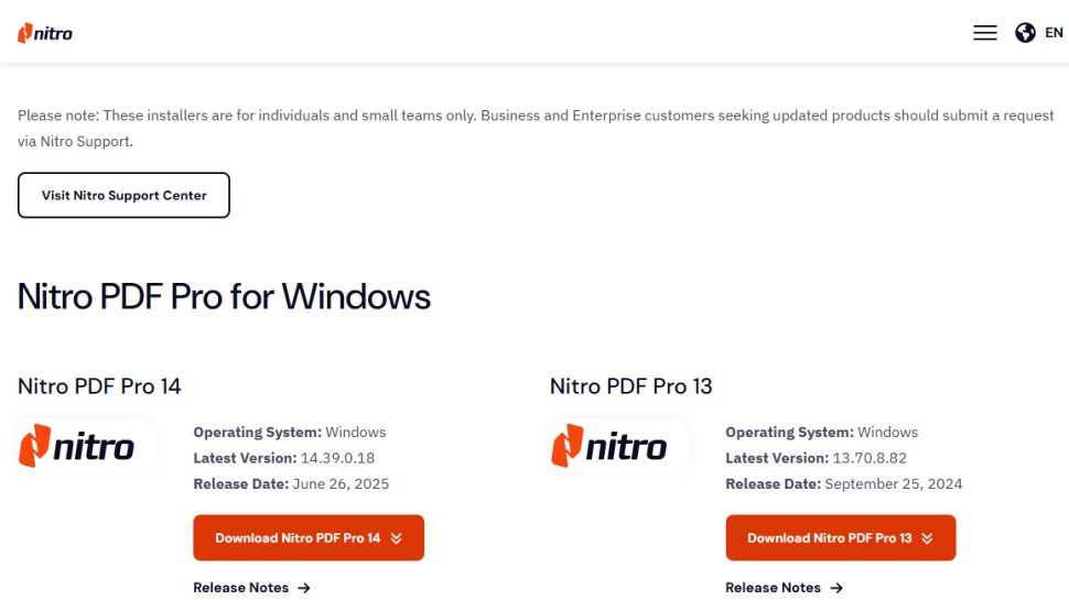 Website screenshot of Nitro PDF Pro (August, 2025)