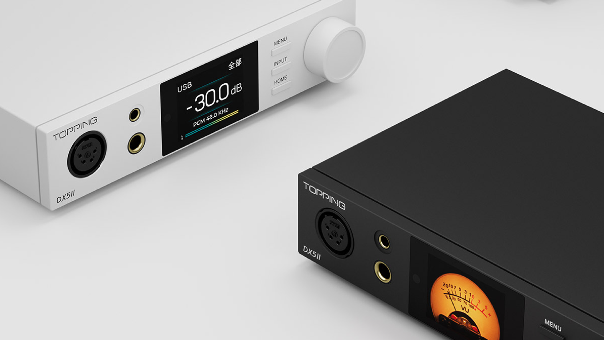 A lifestyle shot showing two Topping DX5 II DAC models on a white background, one in black and one in white