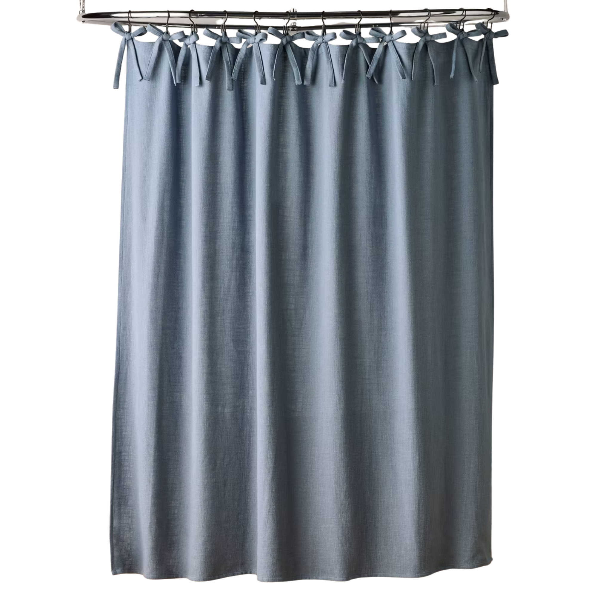 a blue shower curtain