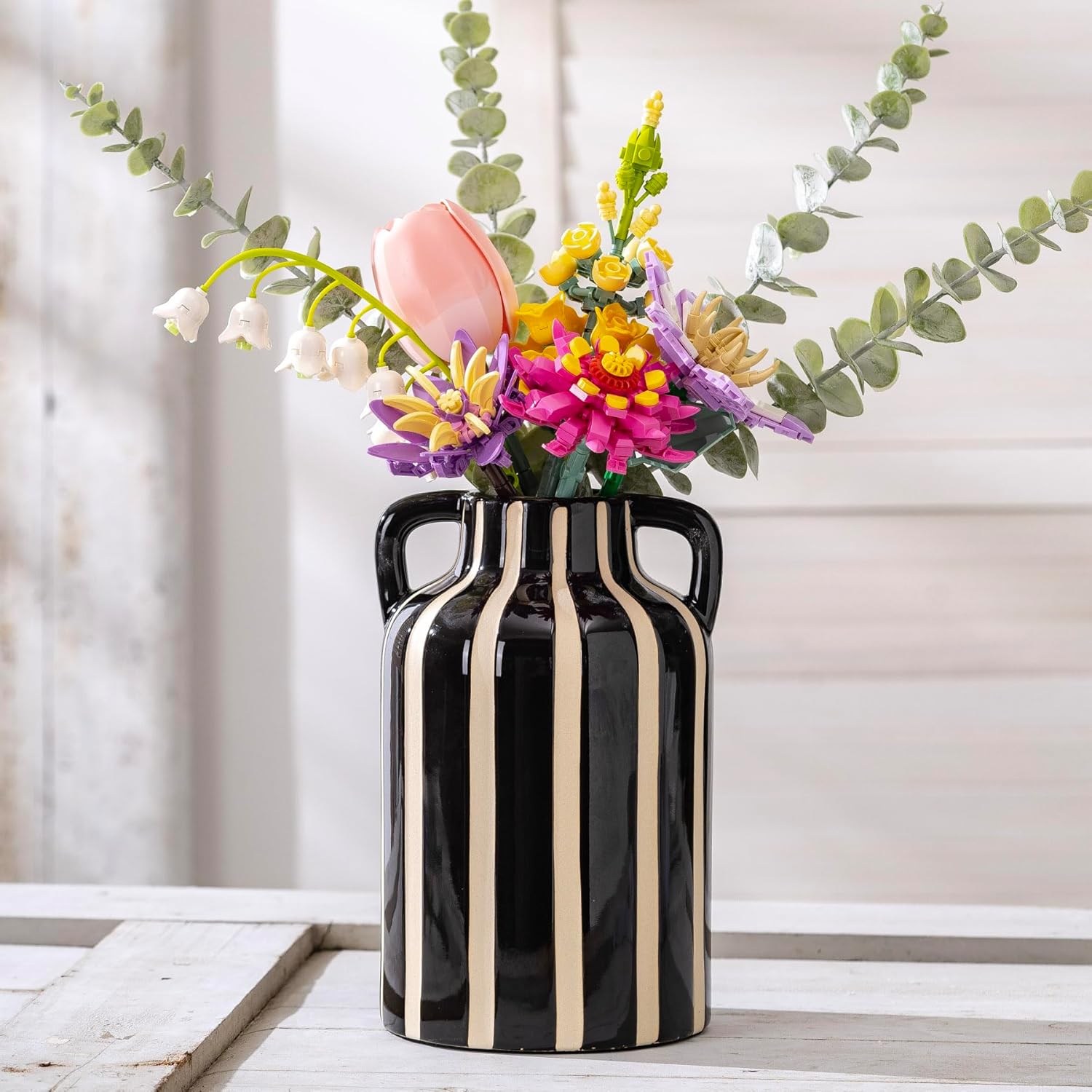 Black and White Vase With Handles, Ceramic Modern Flower Decorative Vases for Home Decor, Mantle, Rustic Table Centerpiece, Large Vases for Decor Living Room, Black Stripes Vase for Bouquet 9.1 in