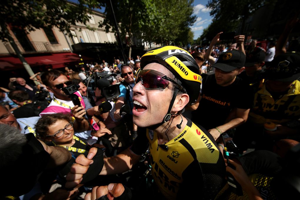 Wout van Aert celebrates winning stage 10 at the Tour de France