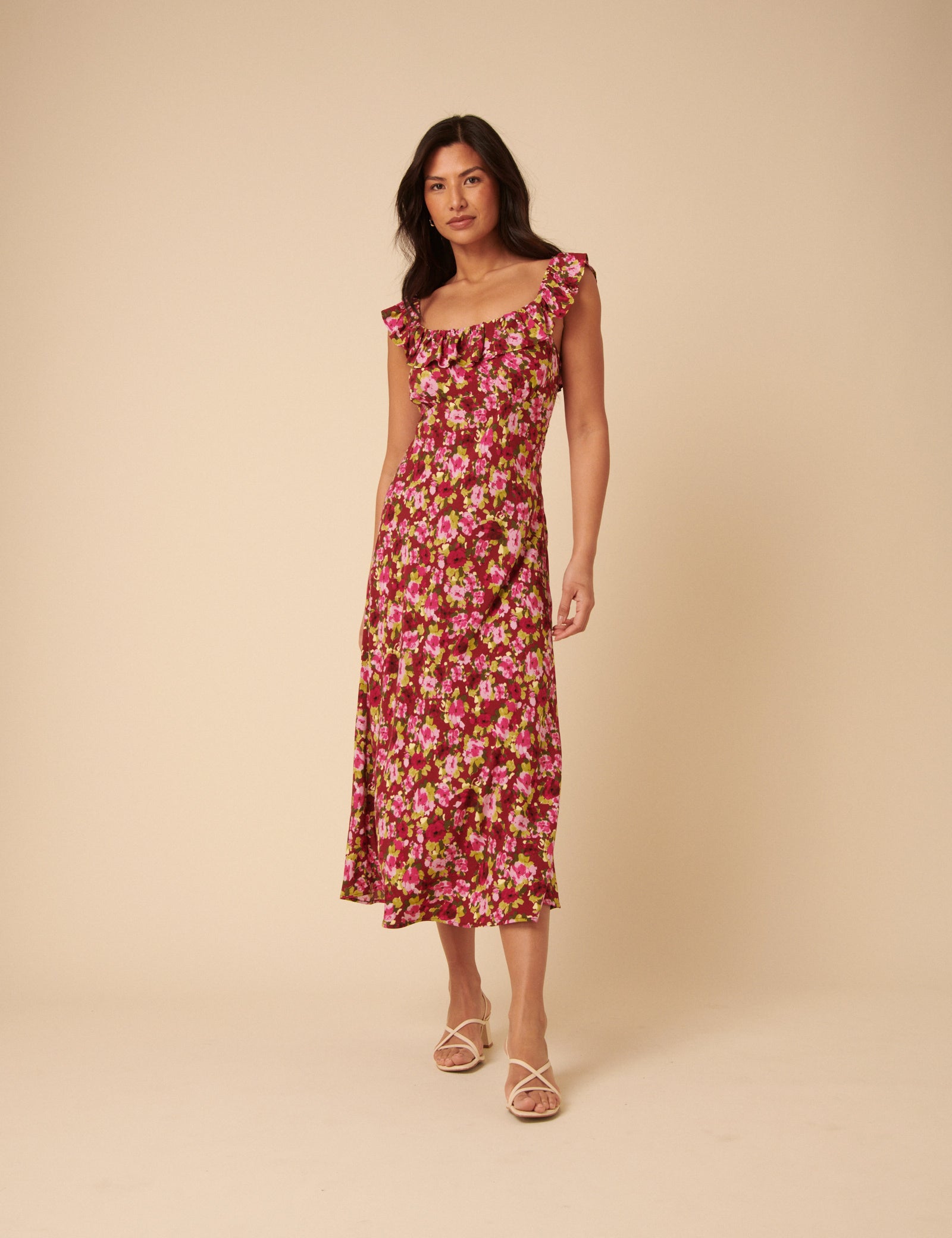 Red and Pink Floral Libby Midi Dress